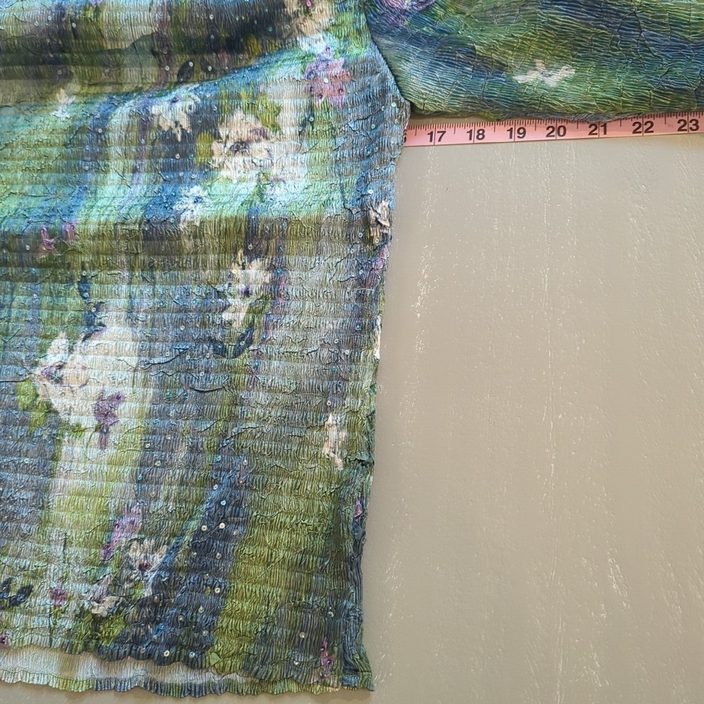 Y2K Crinkle Sequin Top Green Blue 3/4 Sleeve Blouse‎ L image 7